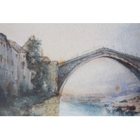 Stary rzymski most w Mostarze, autor nieznany. Akwarela na papierze. XIX wiek.